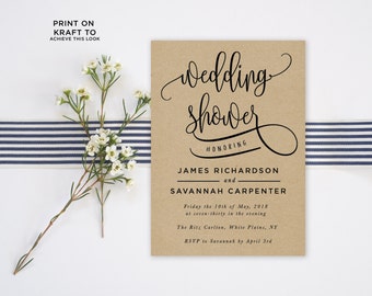Wedding Shower Invitation Template | Editable Invitation Printable | Engagement Couples Shower Calligraphy Kraft Invite | No. PW 5346