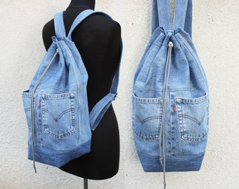 Items similar to denim backpack upcycled blue jeans drawstring bucket ...