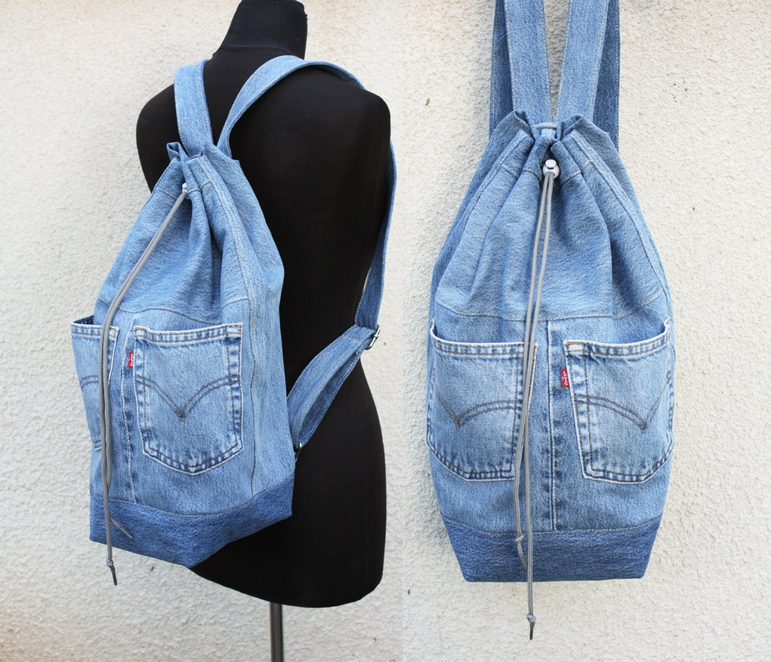 denim backpack upcycled jeans big drawstring backpack bucket
