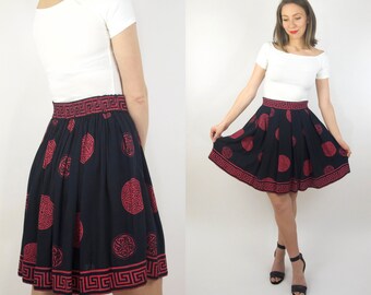 Vintage Grecian Goddess Black and Pink Midi Skirt