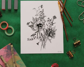 Flower Ink Drawing, Floral Art Print #3 - 8x10