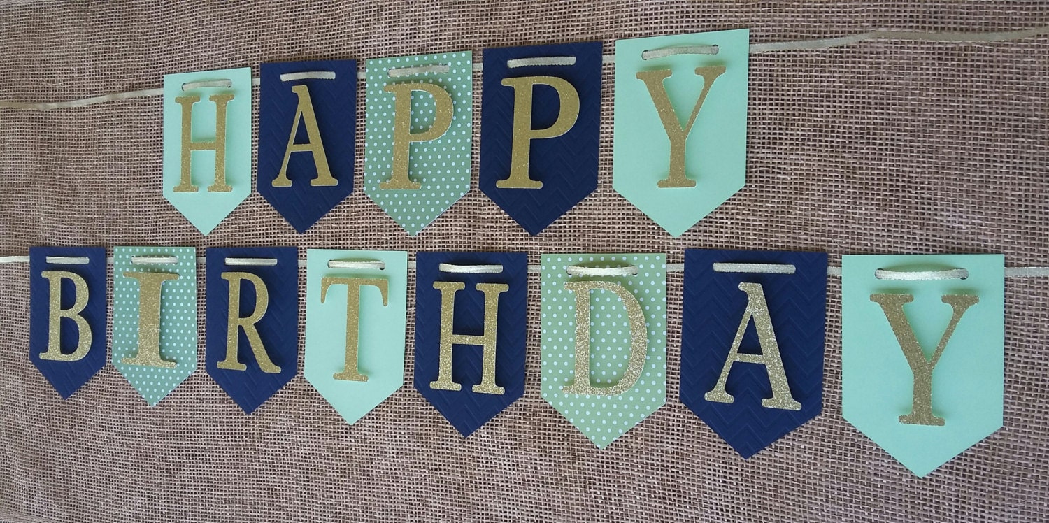 MintNavyGold Birthday Banner Blue & Green Happy 1st