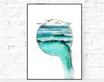 SALE - 50% Ocean Waves wall art, Original Digital Art Ocean Waves. Large poster 8x10-24x36inc. Ocean original painting, Creative wall art