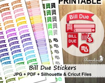 50% OFF SALE, Bill Due Printable Planner Stickers, Erin Condren Planner Stickers, Bill Due Stickers, Printable Stickers, Bill Due - Cut File