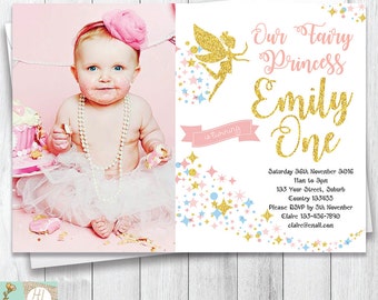 Fairy Princess Birthday Invitation | First Birthday Invitation | Fairy Party | Card With Picture | Pink & Gold Glitter | Printable Card
