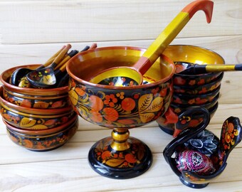 Vintage Khokhloma folk art Farmhouse kitchen decor Houseware set of tableware Hand painting Folk rustic Russian style Wooden dishes