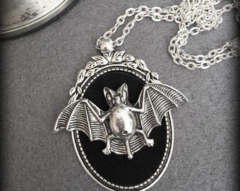 Gothic Bat Necklace, Black Velvet Cameo, Antique Silver Frame, Bat in Flight, Handmade Necklace, Halloween Jewelry, Gothic Gift, Alternative
