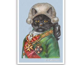 Black Cat the Minister - Cat Art Print - Cute Paintings with Cats - Cat Wig - Funny Pet Portraits by Maria Pishvanova