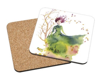 Coasters Mix & Match - Fallen Leaves - fashion sketch design autumn bird spirit lady woman nature watercolor painting Oladesign