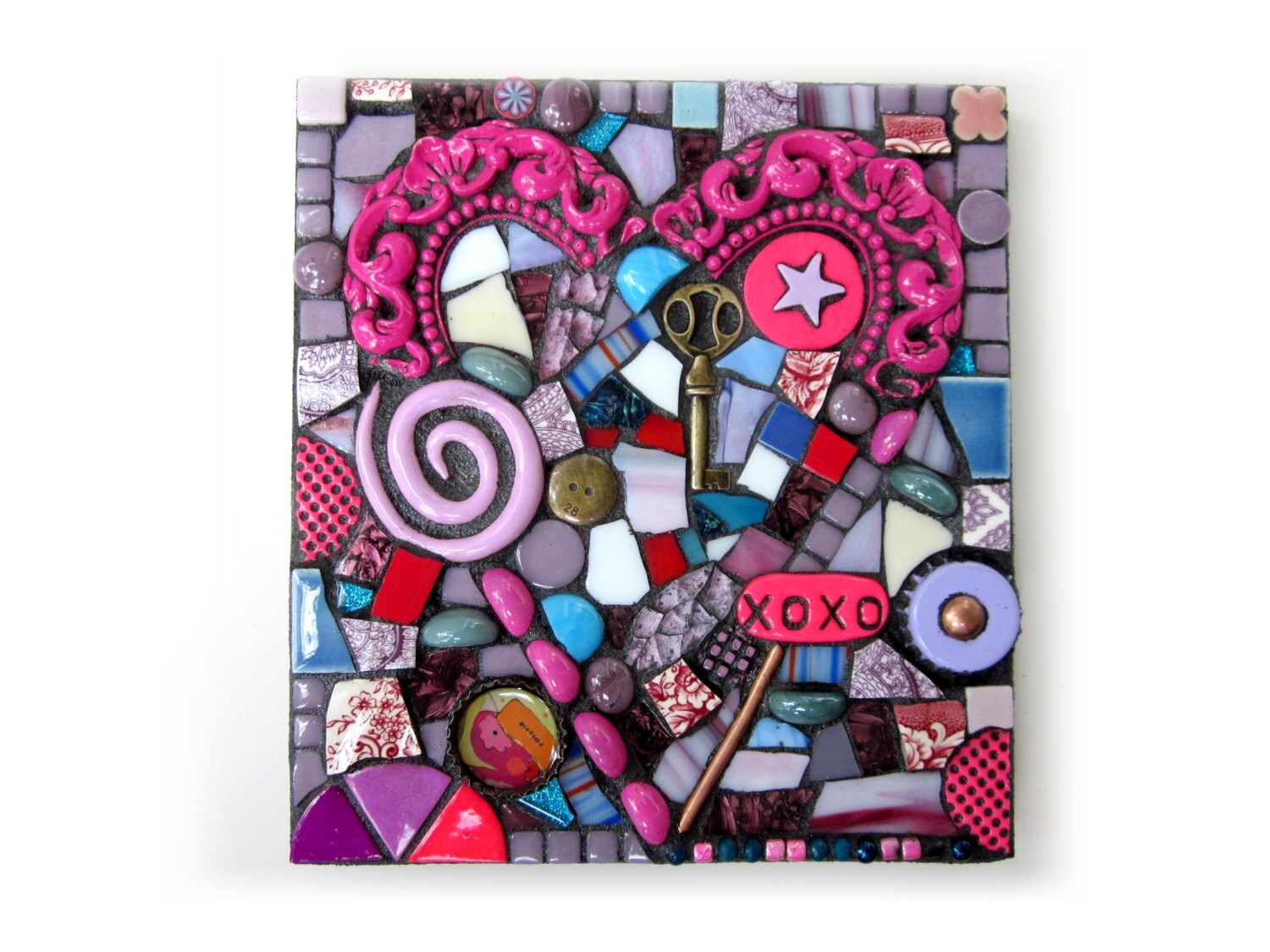 XOXO. Small Handmade Mixed Media Mosaic Art Assemblage by