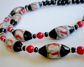 Lampwork Necklace, Black Onyx and Red Coral Necklace, Beaded Necklace