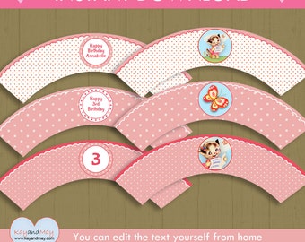 Kitty Cat Cupcake Wrappers / INSTANT DOWNLOAD kitten birthday cupcake wrappers / girl cat printable #P-2-wraps - you can edit text from home