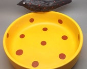 Hand Carved Driftwood Black Bird on Vintage Bowl, Primitive Painted Polka Dots Vintage Bowl