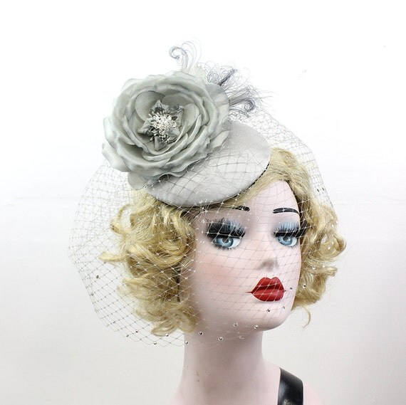 Steel Gray Birdcage Veil Feather Fascinator Bridal Veil