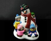 Large Vintage Centerpiece Figurine Accents Unlimited 1981 Children Hugging Playing Snowman Dog Licking Snowball Having Some Wintertime Fun