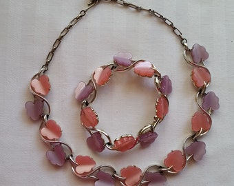 Vintage Pink & Mauve Leaf Thermoset Demi Parure - Necklace, Bracelet