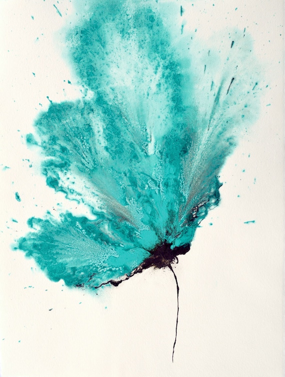 Art Abstract Flower Painting Teal Blue 18 x 24 Original Wall