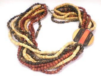 Multi Strand Wood Necklace Colorful Boho Hippie Vintage Jewelry