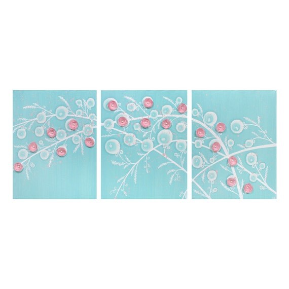 Large Nursery Painting for Baby Girl Canvas Art Triptych of