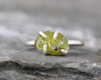 Peridot Sterling Silver Ring - Raw Uncut Rough Peridot - Green Gemstone Ring - August Birthstone Ring - Peridot Stacking Ring