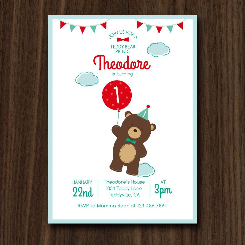 Teddy Bear Picnic Invitation Teddy Bear Birthday Bear Birthday