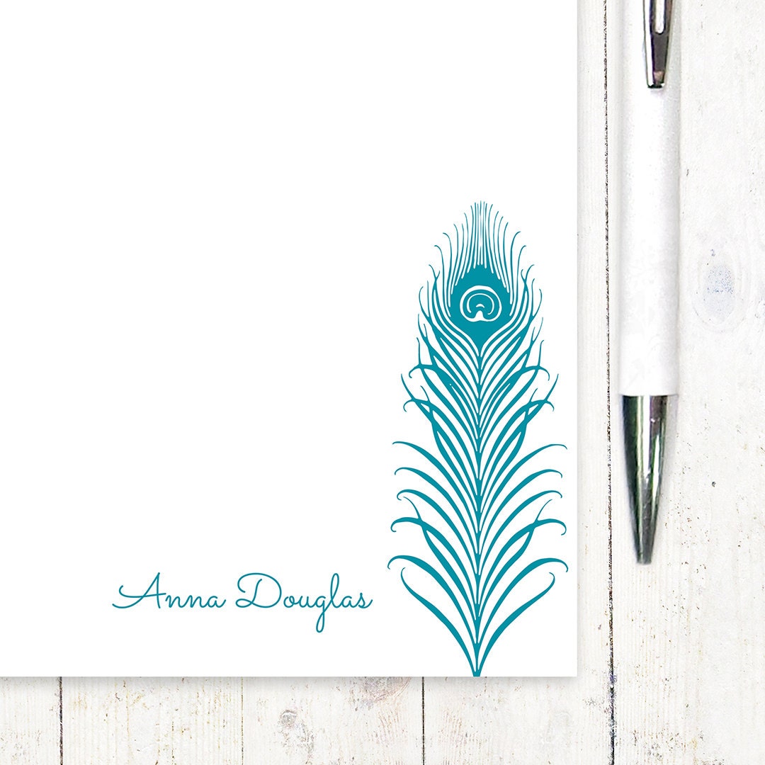 personalized notePAD - PEACOCK FEATHER - stationery - stationary - bird feather - nature