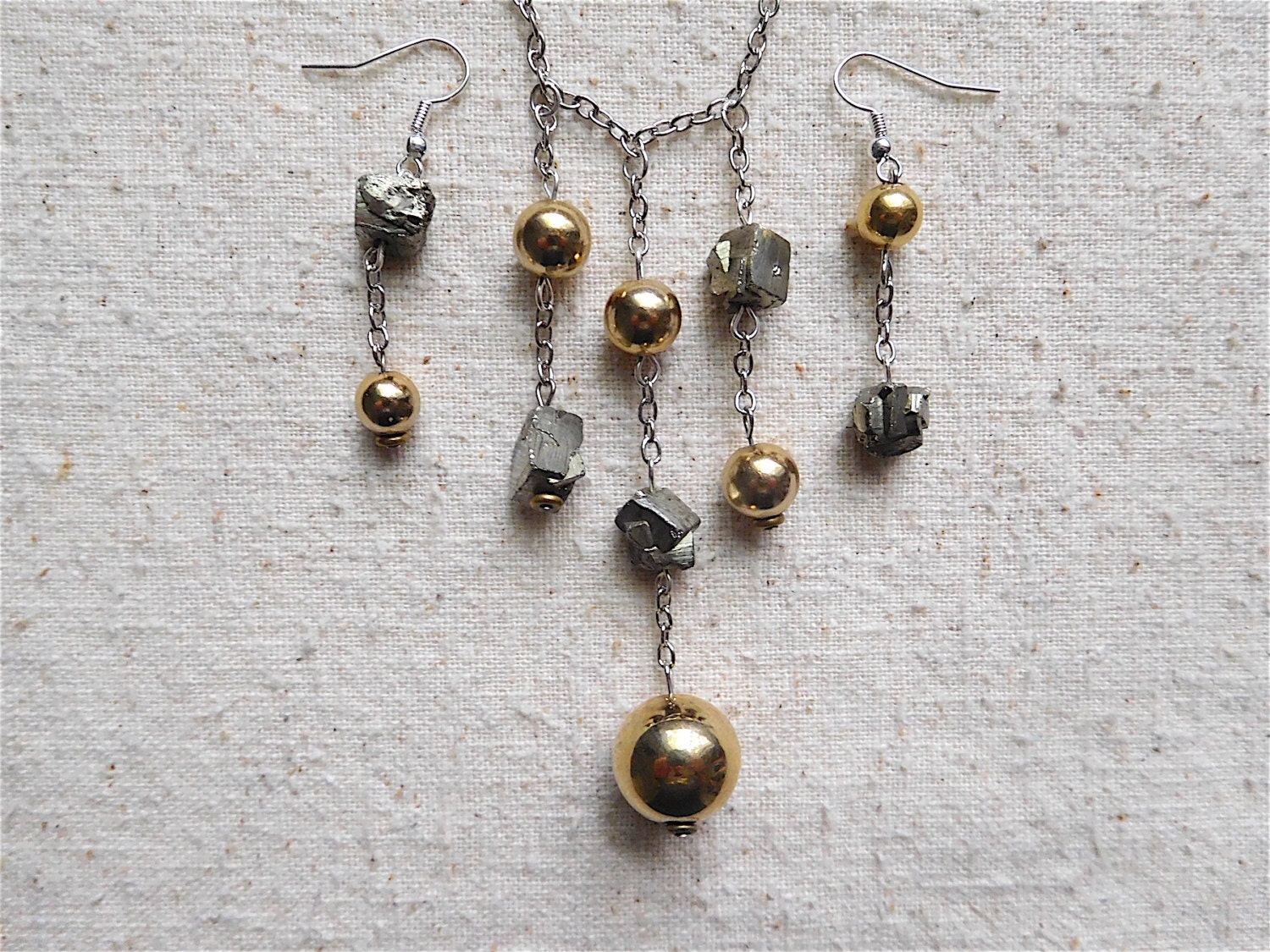 Iron Pyrite Crystals with Gold Plated Beads Bib Necklace