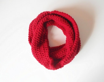 Crochet Circle Scarf in Red, Wrap Scarf, Cowl, ready to ship.