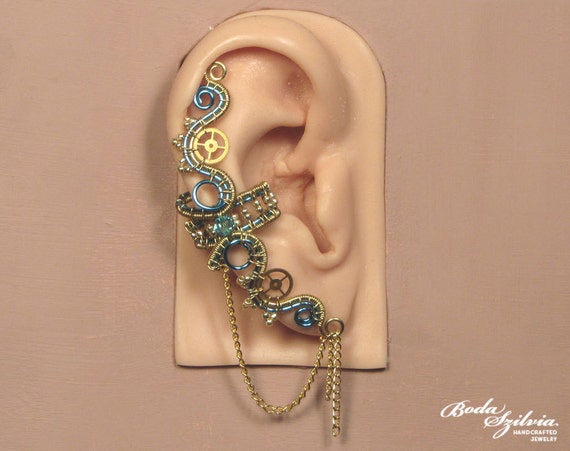 Electric STEAMPUNK EAR CUFF - wire wrapped ear cuff, brass & blue earcuff, steampunk jewelry, no piercing ear cuff, gear ear cuff, ear wrap by bodaszilvia steampunk buy now online