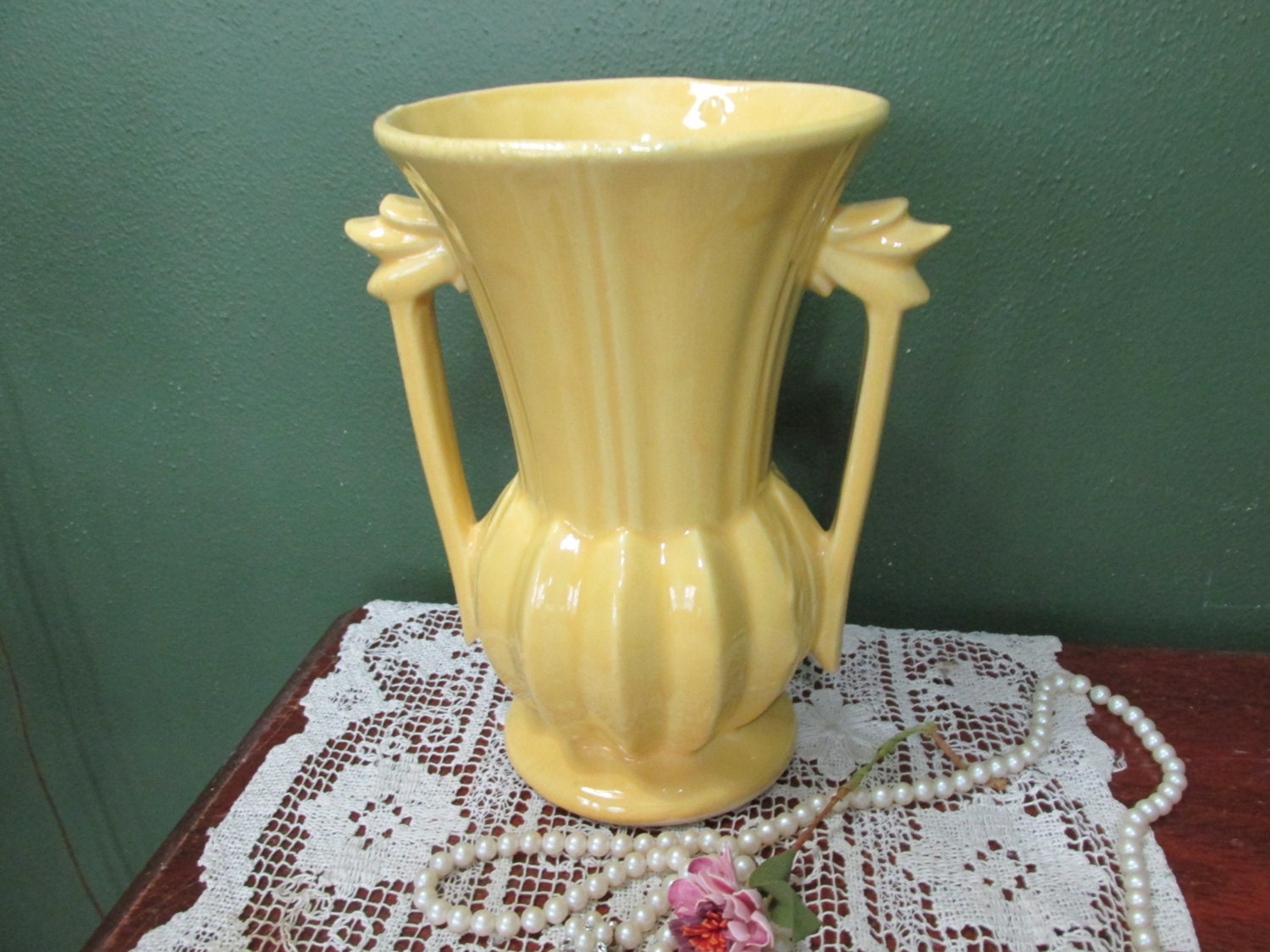 McCoy Pottery Vase Large Yellow Double Handle 1950s