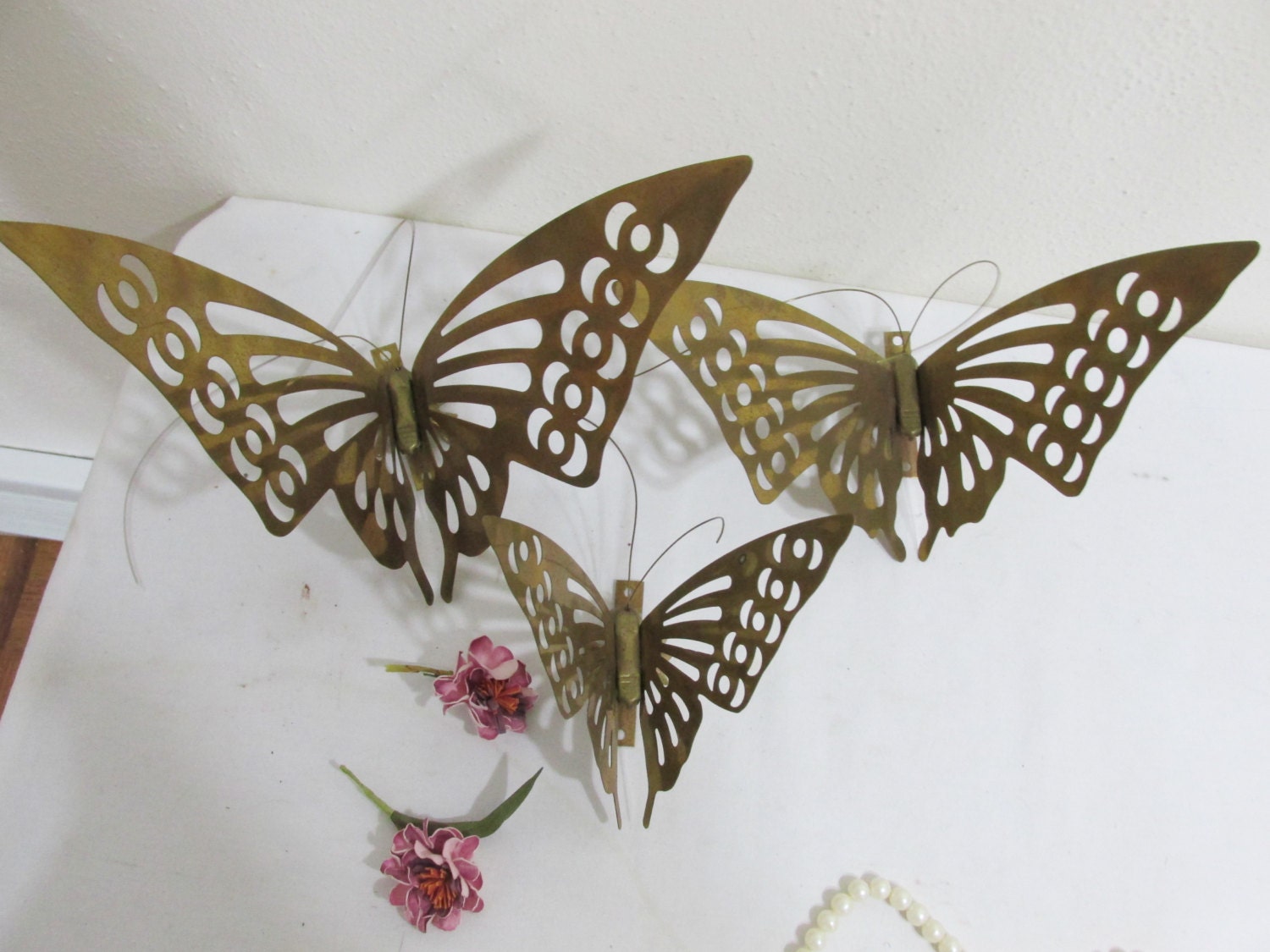 Brass Butterflies Set of 3 Wall Decor Lacy Look Wings