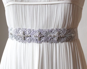 Melita Bridal Belt, Silver Bridal Belt, Boho Wedding Belt Sash, Elegant Wedding Belt, Bohemian Bridal Silver Belt, Silver Lace Satin Belt