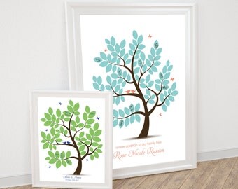 baby shower guest book alternative signature tree poster - printable - wedding tree, birds leaves baby boy, baby girl butterflies flutterby