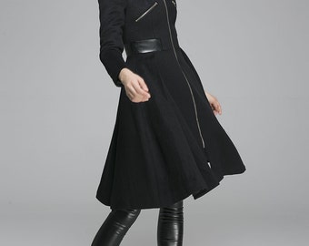 Black Ruffles Coat Long Wool Maxi Hooded Coat with by xiaolizi