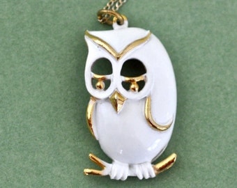 Vintage White Enamel Owl Necklace Owl on Branch Necklace