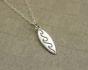 Surfboard Necklace, Sterling Silver Surfboard Charm on a Silver Cable Chain