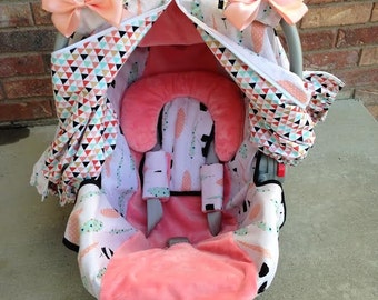Aztec Feather Car Seat Canopy and Car Seat Cover in Blush, Mint, Black & White - 5 Piece Gift Set