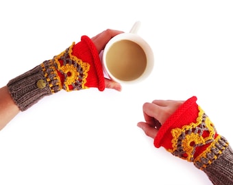 Boho Fingerless Gloves. Wrist Warmers. Fingerless Lace Gloves of Merino Wool Gloves & Mittens