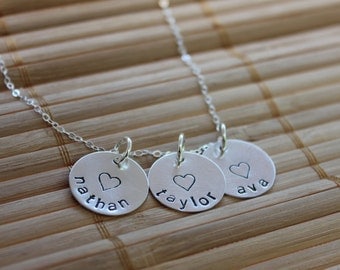 Family Necklace, Hand Stamped Three Charm Name Necklace in Sterling Silver