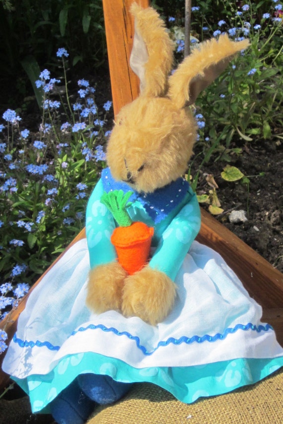 Stuffed Jemima Brown Bunny Toy Plush Rabbit Girl Toy Collectable Gift Sea Green Poplin  Frock Orange Carrot (opt) Christmas Present