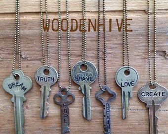 Key Necklace | Hand Stamped Vintage Key with Inspirational Word