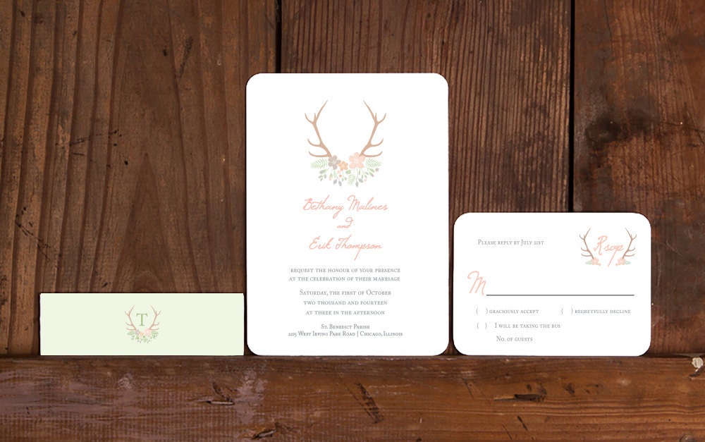 Rustic Antler Wedding Invitation Download Antler And Flowers