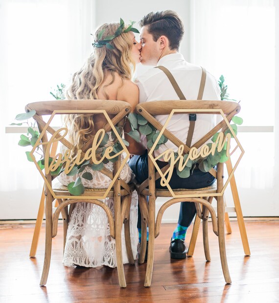 Wedding Chair Signs Geometric Style for Bride and Groom Wedding Chairs, Hexagon Calligraphy Wooden Hanging Signs Set (Item - GBG200)