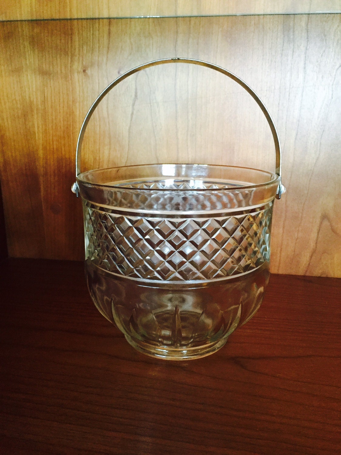 Vintage Pressed Glass Ice Bucket Hammered Metal Swing Handle