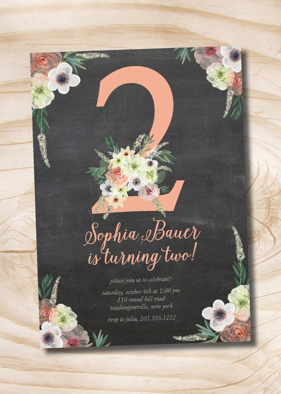 Boho Floral Shabby Chic 1st 2nd Chalkboard Blackboard Birthday Invitation Printable Digital 2nd Birthday Chalkboard Template