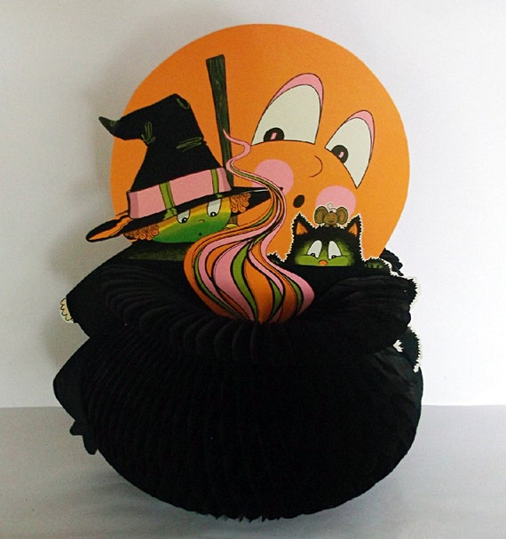 Beistle Halloween Honeycomb Witch Cauldron Cat Moon 1970s