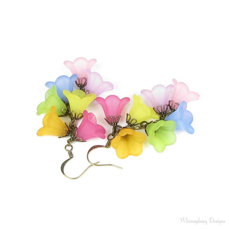 Butterfly Lily Cascading Flower Rainbow Antique Brass Earrings