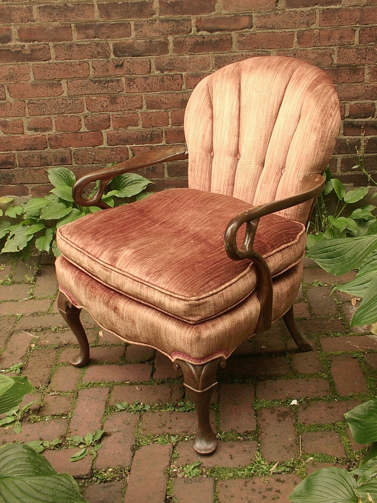 Vintage Peach Velvet armchair Tufted Chair Retro by ShoponSherman