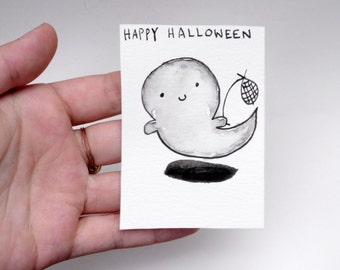 Ghost ACEO, Ghost Artist Trading Card, Kawaii Ghost, Cute Ghost, Watercolor Ghost, Halloween Artist Trading Card, Mini Ghost Painting
