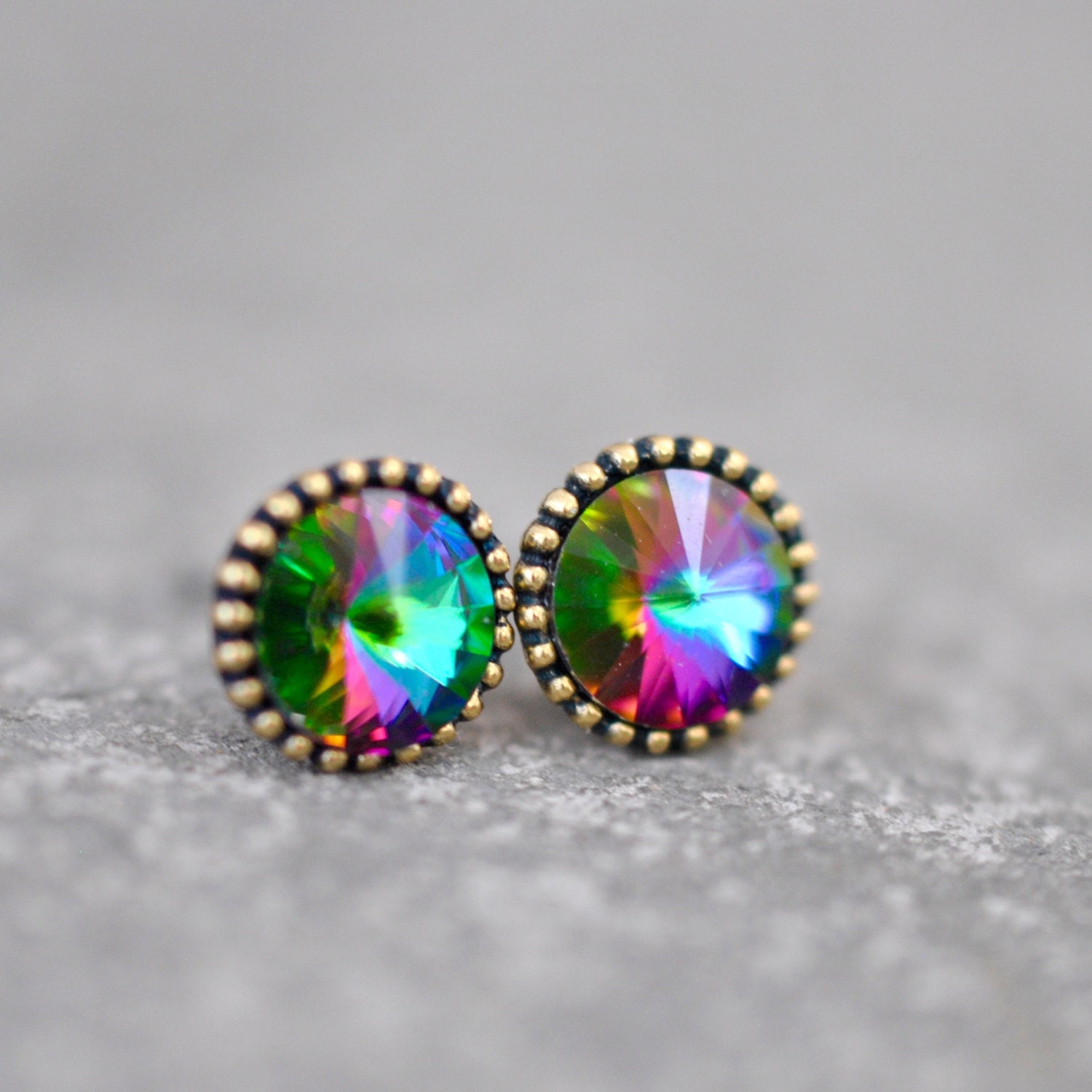 Jewel Tone Rainbow Studs Organic Edge Swarovski Crystal